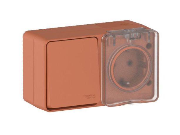 Блок ОП AtlasDesign PROFI IP54 (розетка 1-м 16А заземл. защ. шторки + 1-кл. выключатель 10А) терракот. SE ATN547070 APC