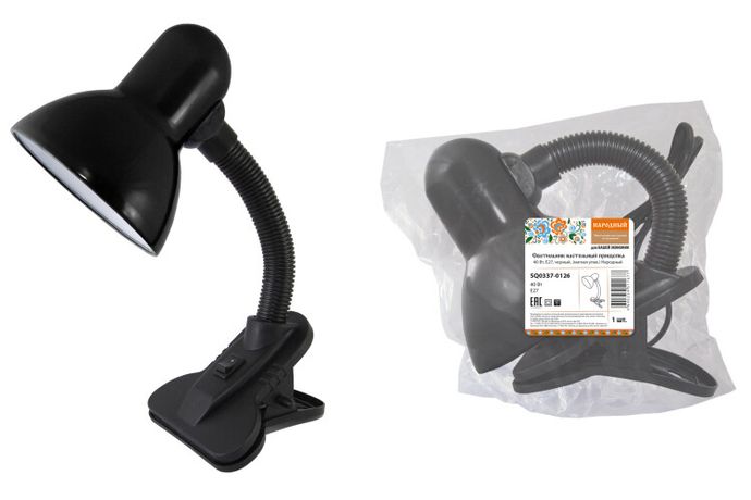 Светильник настольный прищепка 40Вт, E27, черный, (мягкая упак.) Народный | SQ0337-0126 TDM