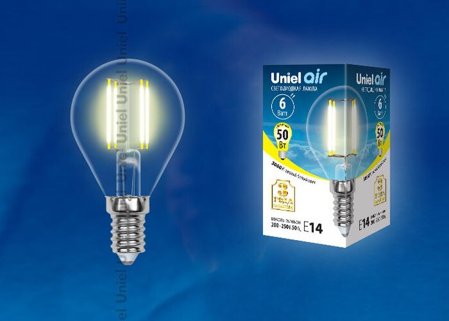 Лампа светодиодная LED-G45-6W/WW/E14/CL GLA01TR LED. "шар", прозр серия Air. 3000K | UL-00002201 Uniel