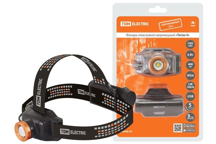 Фонарь налобный «Титан 4» 6 Вт 1 светодиод CREE 400 лм, 1х18650 3.7 В 2200 мА*ч, IPX4, USB, | SQ0350-0064 TDM
