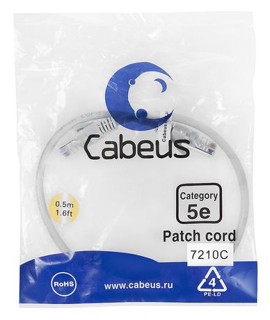 Патч-корд PC-UTP-RJ45-Cat.5e-0.5m U/UTP, категория 5е, 2xRJ45/8p8c, неэкранированный, серый, PVC, 0.5м - 7210c Cabeus