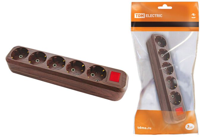 Колодка розеточная 5 гнезд 2П+3 с выключателем16А 250В "Эко" (бук) | SQ1806-0069 TDM