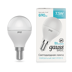 Лампа светодиодная Basic Шар 7,5W 690lm 4100K E14 LED 1/10/100 | 1053128 Gauss