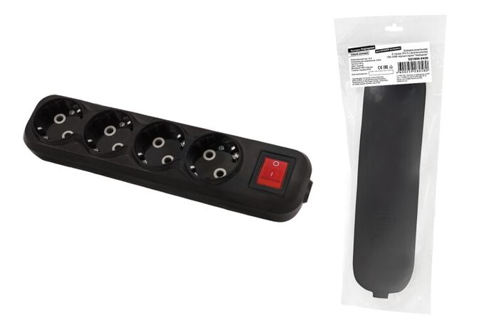 Колодка розеточная 4 гнезда 2П+3 c выключателем 16А 250В черная серии "Народная" | SQ1806-0430 TDM