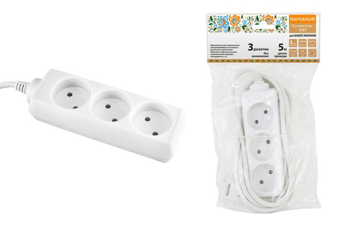 Удлинитель народный УН3 3 гнезда, 5метров, б/з, ШВВП 2х0,75 мм2 6А/250В | SQ1303-1202 TDM