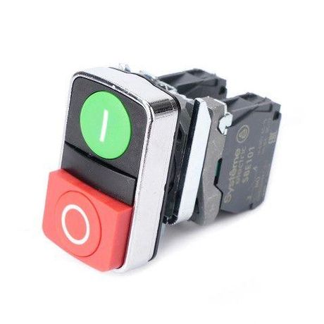 Кнопка двойная SB4 в сборе модуль 22мм зел."I"+красн. выступ."O" металл 1НО+1НЗ SE SB4BA73415 APC