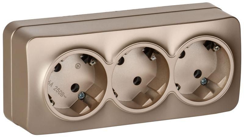 Розетка 3-м ОП GLORY РС23-3-ХШм 16А с заземл. без защ. шторок шампань матов. IEK ERH31-K37M-16