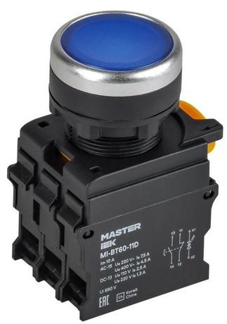 Кнопка с подсветкой d=22мм 1NO+1NC синяя MASTER | MI-BT60-11D-3-12-K07 IEK