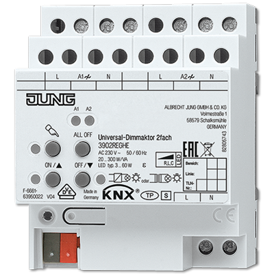 Универсальный LED диммер, 2 группы, монтаж на DIN-рейку, 4 модуля; KNX | 3902REGHE Jung