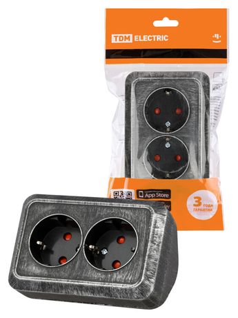 Розетка угловая двойная 2П+3 открытой установки с з/ш IP20 250В 16А серебро "Ладога" | SQ1801-0390 TDM