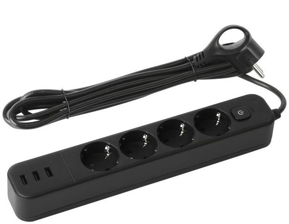 Удлинитель с сетевым фильтром 4х3м заземл. 10А USF-4es-3m-3xUSBA-B +3xUSBA 3.1A выкл. базов. защитой Эра Б0059570