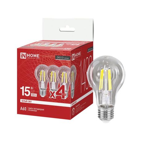 Лампа светодиодная LED-A60-deco 4PACK 15Вт 230В Е27 4000К 1480Лм (4шт./упак) прозрачная IN HOME - 4690612063218 IN HOME арт. 4690612063218