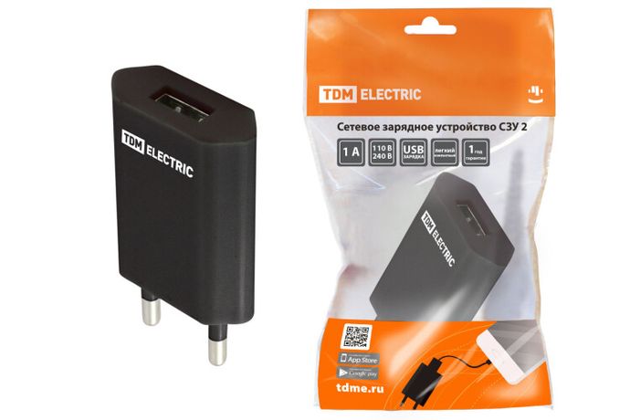 Сетевое зарядное устройство, СЗУ 2, 1 А, USB, черный, | SQ1810-0002 TDM