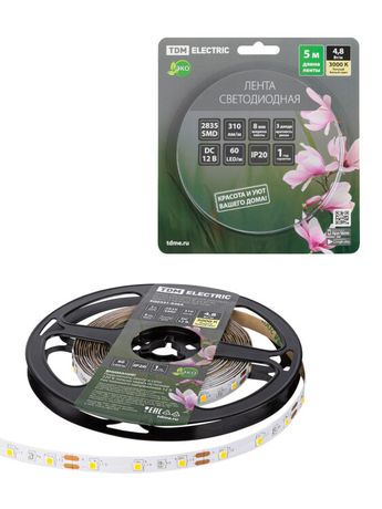 Лента светодиодная SMD2835-60 LED/м-IP20-12 В-4,8 Вт/м-3000 К (5 м) блистер | SQ0331-0364 TDM