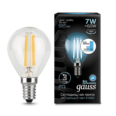 Лампа светодиодная филаментная LED 7 Вт 580 лм 4100К AC185-265В E14 шар P45 нейтральный шаговое диммирование выключателем Black Filament Gauss - 105801207-S