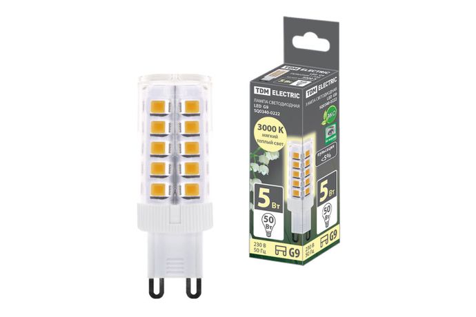 Лампа светодиодная G9-5 Вт-230 В-3000 К, SMD, 16x49 мм | SQ0340-0222 TDM