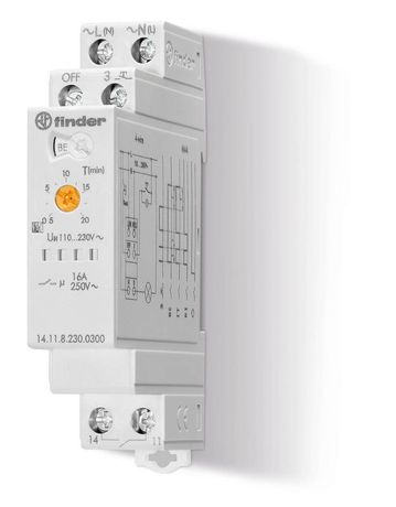 Таймер модульный электронный лестничный мультифункциональный 1NO 16А (контакт без потенциала) 3- или 4-проводная схема 230В AC 17.5мм IP20 FINDER 141182300300