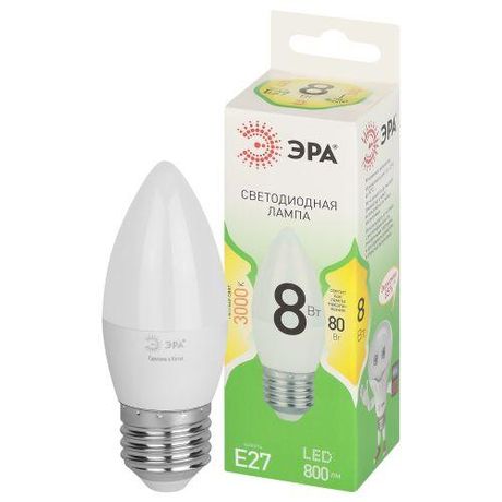 Лампа светодиодная LED 8 Вт 800Лм 3000К свеча теплый E27 220-240В B35-8W-830-E27 Green Line - Б0067088 ЭРА