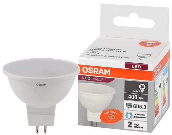 Лампа светодиодная LED 5 Вт GU5.3 6500К 400Лм спот 220 В (замена 35Вт) OSRAM - 4058075582484