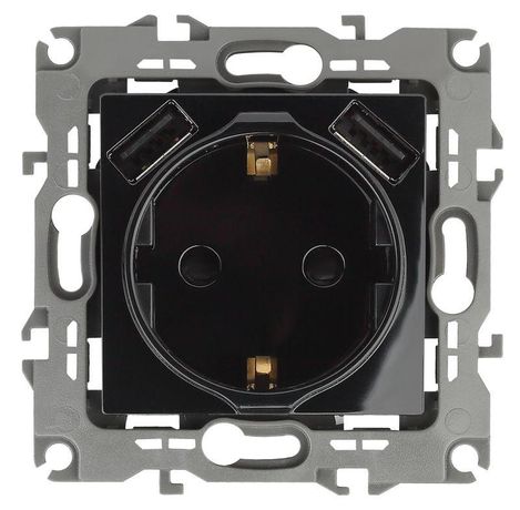 Розетка 2P+E 16A-250В, штор. с 2xUSB 5В-3А, Эра12, чёрный (10/100/2000) 12-4109-06 - Б0047845