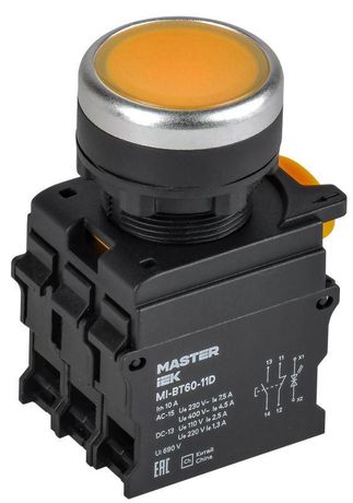 Кнопка с подсветкой d=22мм 1NO+1NC жёлтая MASTER | MI-BT60-11D-3-12-K05 IEK