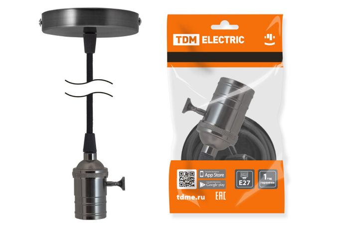 Патрон Е27 с выключателем подвесом 1 м, металлический "Лофт", черный | SQ0335-0073 TDM