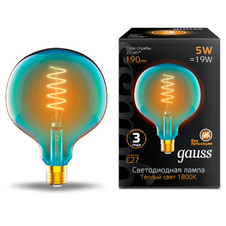 Лампа светодиодная филаментная LED 5 Вт 190 лм 1800К AC185-265В E27 шар G125 теплая голубая колба Black Filament Gauss - 1013802105