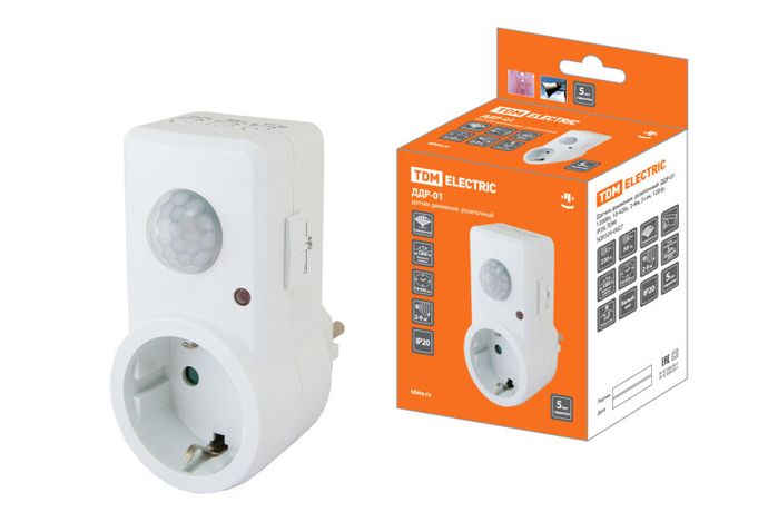 Датчик движения розеточный ДДР-01 1200Вт, 10-420с, 2-9м, 3+лк, 120гр, IP20, - SQ0324-0027 TDM