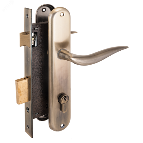 Замок врезной цилиндровый с ручками для деревянных дверей, АЛЛЮР 0205 AB старая бронза - 1018 ПТК