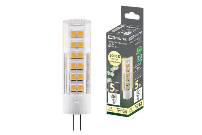 Лампа светодиодная G4-5 Вт-AC/DC 12 В-3000 К, SMD, 16x57 мм | SQ0340-0213 TDM