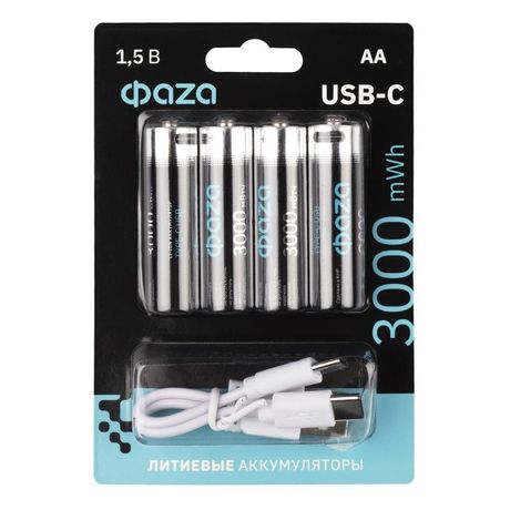 Аккумулятор литиевый AA 1.5В Li-Ion 3000мВт.ч 2000мА.ч зарядка от Type-C шнур в комплекте BL-4 (уп.4шт) ФАZА 5061606 ФАЗА