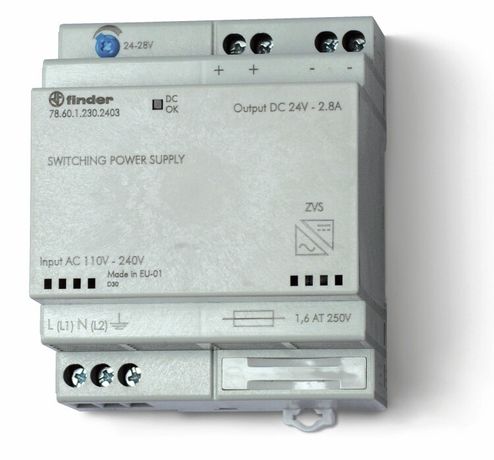 Импульсный источник питания; вход 110...240В AC; выход 24В DC, 60Вт; модульный, ширина 70мм; предохранитель входой цепи | 786112302403 Finder 78.61.1.230.2403