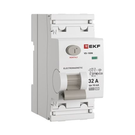 Выключатель дифференциального тока ВД-100N 2P 32А 10мА тип AC эл-мех 6кА PROXIMA EKF | E1026M3210