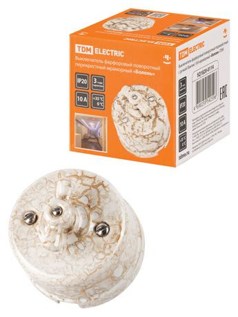 Выключатель фарфоровый поворотный перекрёстный с ручкой (бантик) 10А мраморный «Болонь» | SQ1820-0114 TDM