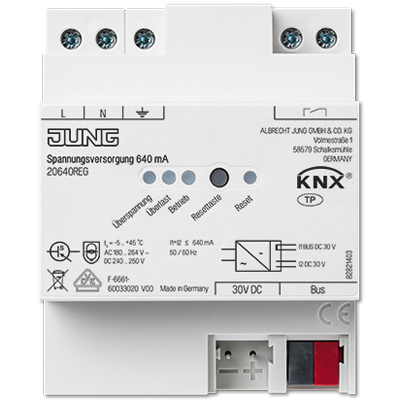 KNX блок питания, 640mA, монтаж на DIN-рейку, 4 модуля; | 20640REG Jung