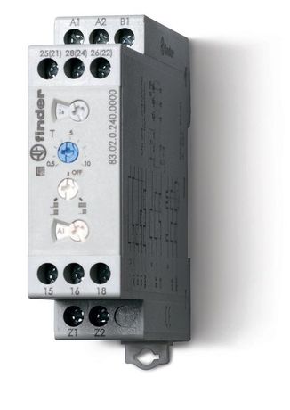 Таймер модульный мультифункциональный (AI DI SW BE CE DE WD) 24-240В AC/DC 2CO 12А 22.5мм регулировка времени 0.05с-10дней IP20 версия для ЖД-транспорта FINDER 830202400000T