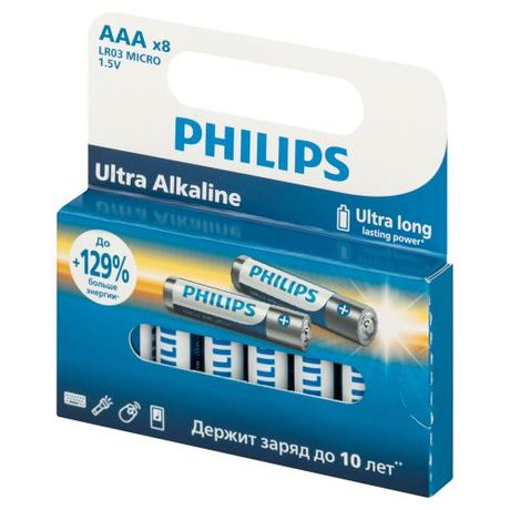 Элемент питания алкалиновый AAA/LR03 1.5В Ultra (уп.8шт) Philips Б0064649 PHILIPS Элементы питания арт. Б0064649