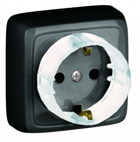 Розетка открытой установки, одноместная, с заземляющим контактом, изолирующей пластиной, цвет черный | РА16-173-08 HEGEL