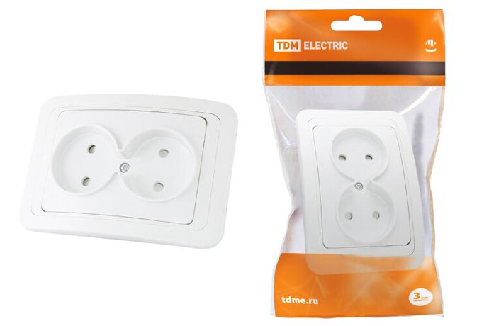 Розетка двойная 2П 10А c защитными шторками белая "Валдай" | SQ1804-0025 TDM