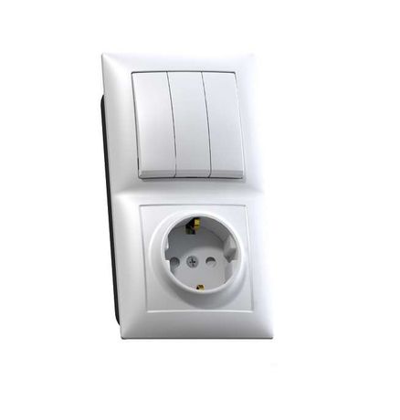 СЕЛЕНА Блок выключатель трехклавишный 10А/ розетка с заземлением со шторками 16А БКВР-416 скрытый белый - 8206 Кунцево