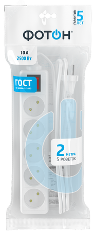Удлинитель сетевой ФОТОН 10-25S [1х5], 2м, 10А, без заземления с выключателем, белый - 21117