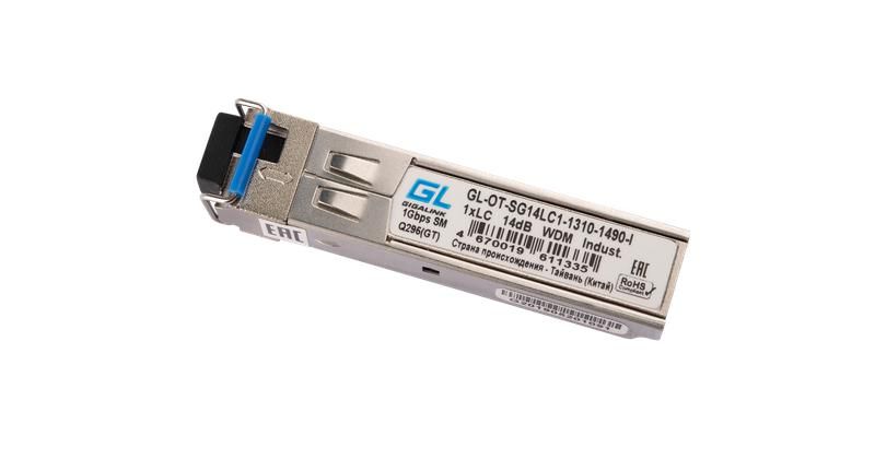 Модуль промышленный SFP WDM 1Гбит/с одно волокно SM LC Tx:1310/Rx:1490нм 14дБ до 20км -40град.C GIGALINK GL-OT-SG14LC1-1310-1490-I