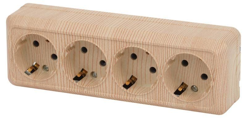 Розетка однофазная четырехместная наружная (открытой установки) с заземлением без шторок сосна 16А 250В IP20 2-208-11 Intro Quadro - Б0053844 ЭРА