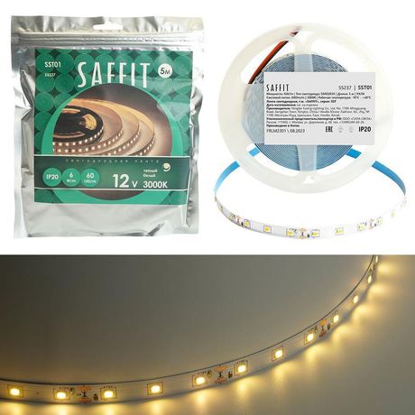 Лента светодиодная SST01 SAFFIT 60SMD(2835)/m 6Вт/м 12V 5000*8*1.22мм 3000K, IP20 | 55237 FERON