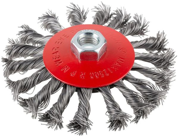Корщетка-колесо с наклоном гайка М14 стальная витая проволока 115мм блистер КУРС 39088