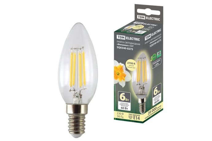 Лампа светодиодная свеча "Филамент" С37-6 Вт-230 В-2700 К–E14 TDM | SQ0340-0275