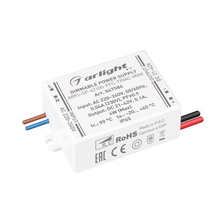 Блок питания ARPJ-SP-42100-PFC-TRIAC-MINI (4W, 21-42V, 100mA) (Arlight, IP65 Пластик, 5 лет) - 047584
