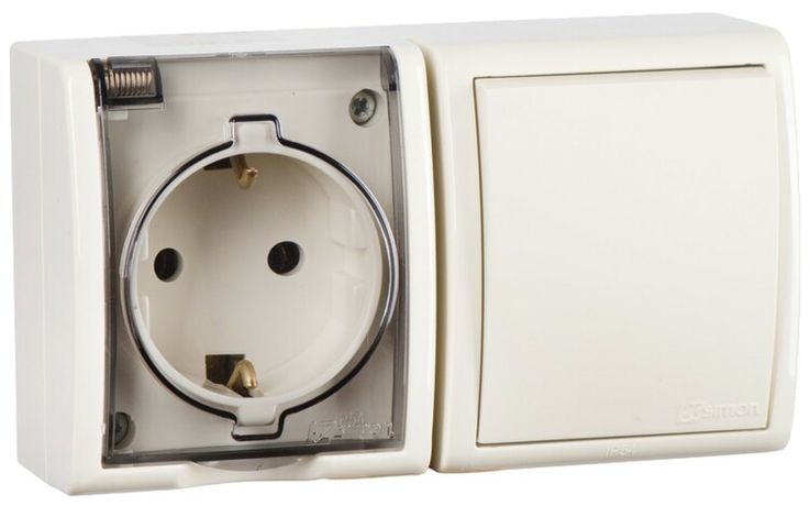 Блок IP54. Розетка с крышкой и заземлением Schuko 2Р+Е 16A + Однополюсный выключатель 10AX 250В цвета слоновая кость S15 Aqua | 1594511-031 Simon