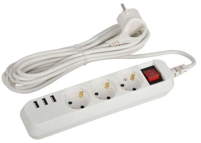 Удлинитель электрический U-3es-5m-USB c заземлением с выключателем 3 розетки + 3xUSBA 5м 10А | Б0052902 ЭРА