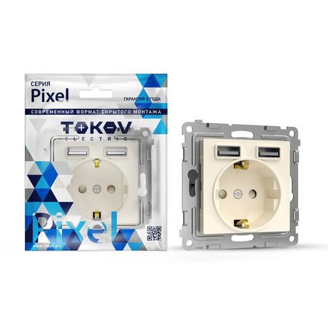 Розетка 1-м СП Pixel с заземл. 2-мя заряд. устр. USB тип A+A механизм беж. TOKOV ELECTRIC TKE-PX-R1U2A-C02